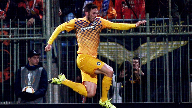Apostolos Giannou celebrates after scoring in the UEFA Europa League for Asteras Tripolis.