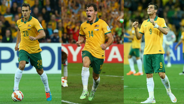 Socceroos Trent Sainsbury, James Troisi and Tomi Juric in action at the AFC Asian Cup.