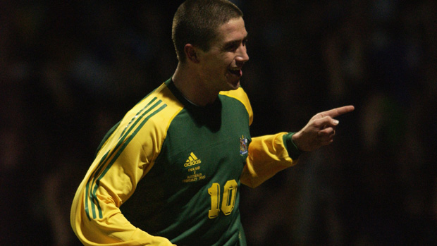 Former Socceroo Harry Kewell celebrates scoring against England at Upton Park in 2003.