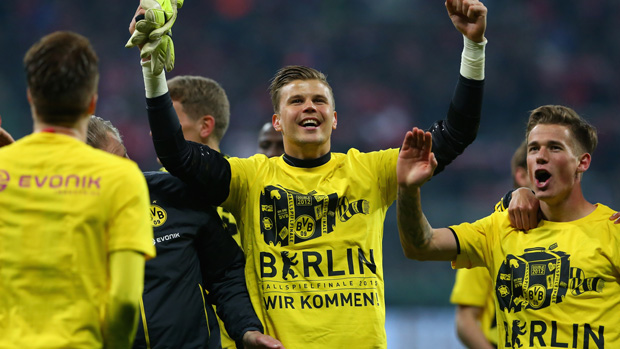 Mitch Langerak celebrates after Borussia Dortmund upset Bayern Munich.