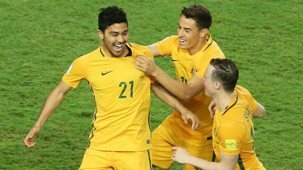 Massimo Luongo celebrates the Caltex Socceroos' fifth goal against Jordan in their World Cup qualifier.