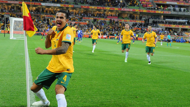 Socceroos striker Tim Cahill celebrates scoring against Kuwait at last year's AFC Asian Cup.