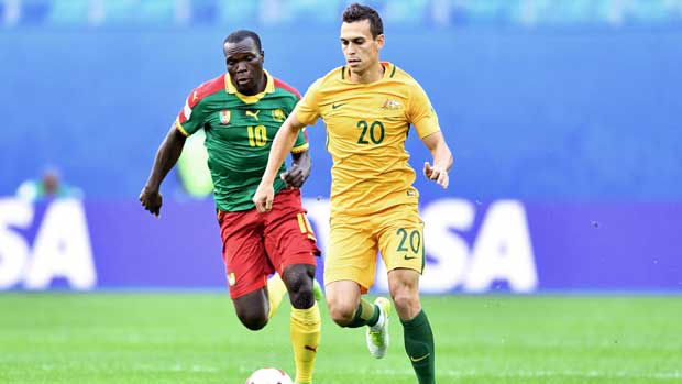Trent Sainsbury on the ball against Cameroon.