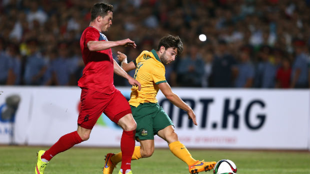 Substitute Tommy Oar scores the Socceroos second goal against Kyrgyzstan.