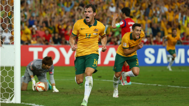 Socceroos midfielder James Troisi celebrates his extra-time winner against Korea Republic.
