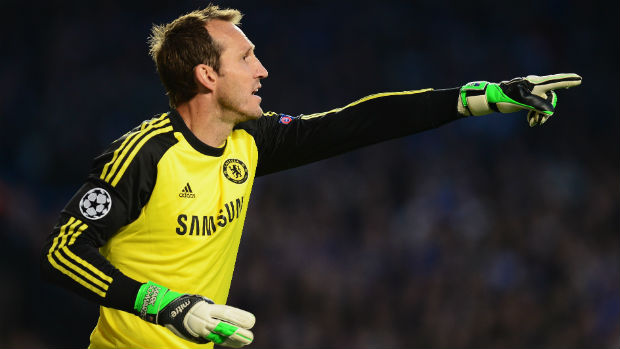 Mark Schwarzer in goals for during during last season's UEFA Champions League semi-final against Atletico Madrid.