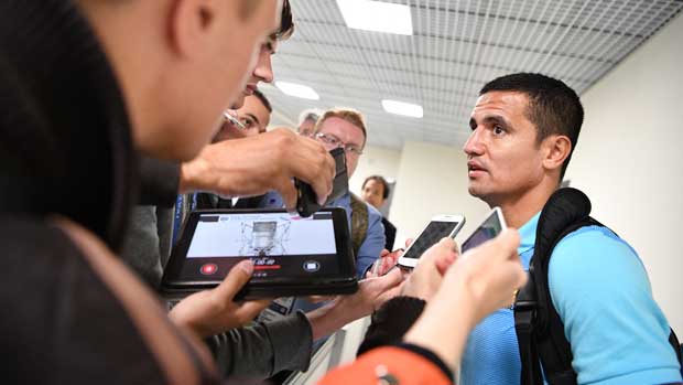 Tim Cahill chats to the media after Australia's 1-1 draw with Cameroon.