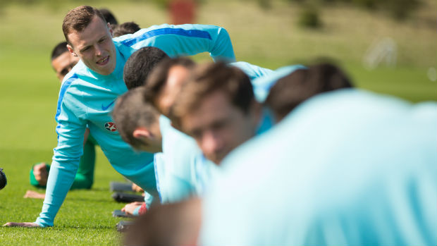 The Caltex Socceroos on the training ground in Sunderland.
