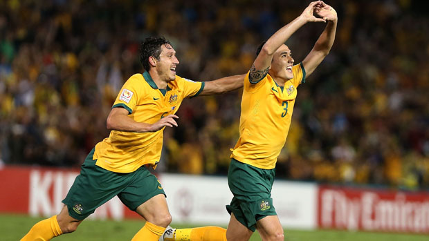Jason Davidson celebrates his maiden goal for the Caltex Socceroos against the UAE.