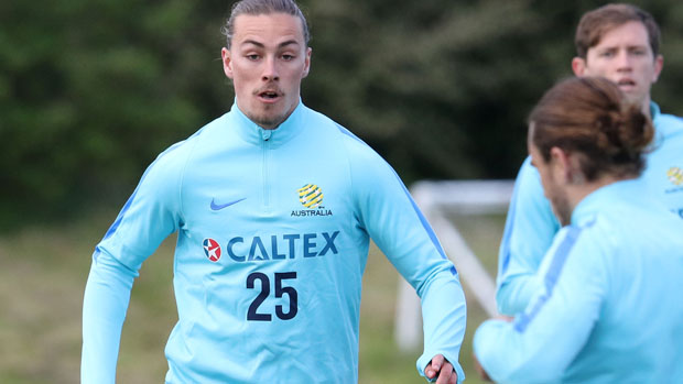Jackson Irvine on the ball during a Socceroos training session in England.