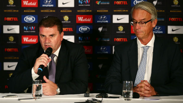 Socceroos coach Ange Postecoglou alongside FFA CEO David Gallop at Wednesday morning's press conference.