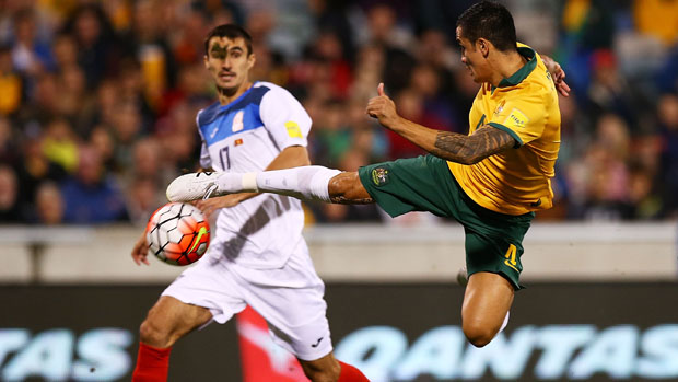 Tim Cahill attempts a spectacular strike on goal in the first-half against Kyrgyzstan.