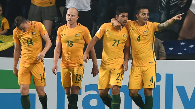 Socceroos players celebrate Tim Cahill's strike against the UAE.