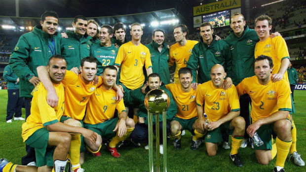 The Socceroos celebrate their international friendly win over Greece in 2006.