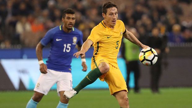 Mark Milligan in action for the Caltex Socceroos in Tuesday night's friendly against Brazil.