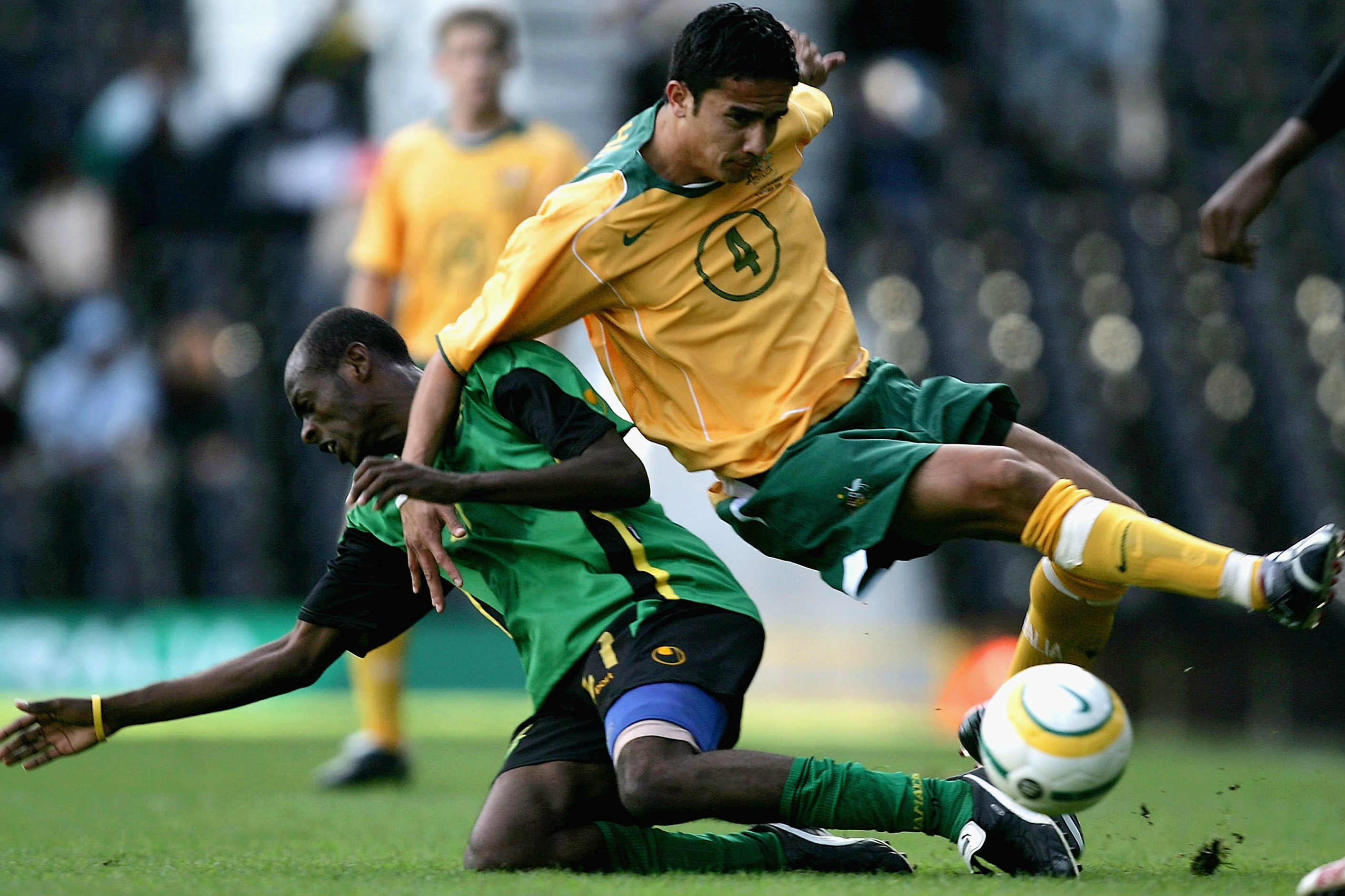 Tim Cahill cops a heavy challenge in Australia's big win over Jamaica in 2005. Tim Cahill cops a heavy challenge in Australia's big win over Jamaica in 2005.