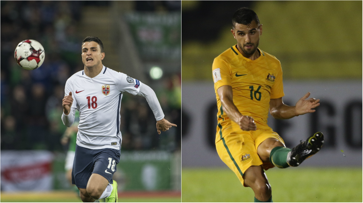 Mohamed Elyounoussi of Norway and Caltex Socceroos defender Aziz Behich. Mohamed Elyounoussi of Norway and Caltex Socceroos defender Aziz Behich.