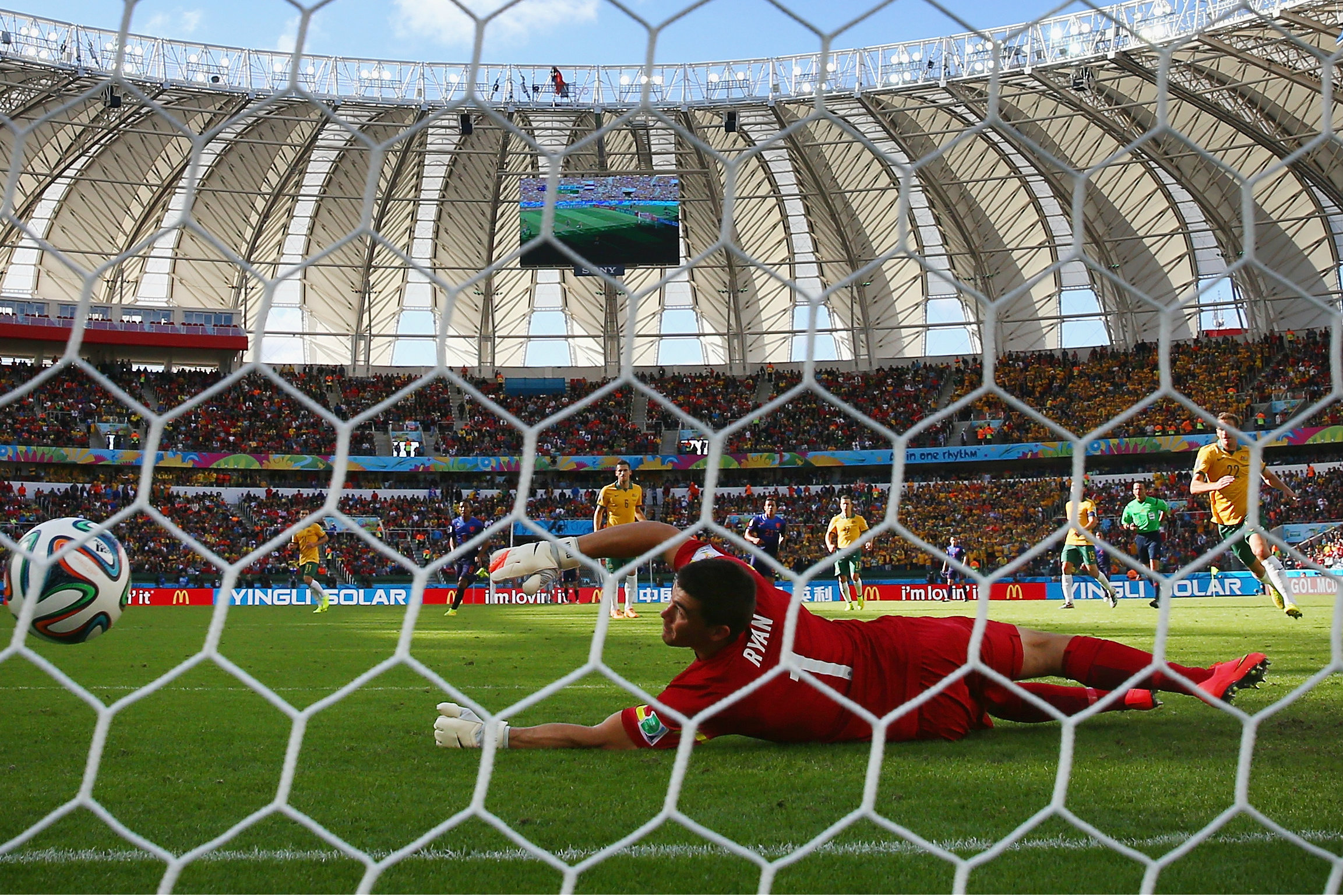 The moment. Mat Ryan lets the ball squirm through his hands and into the net against the Netherlands. The moment. Mat Ryan lets the ball squirm through his hands and into the net against the Netherlands.