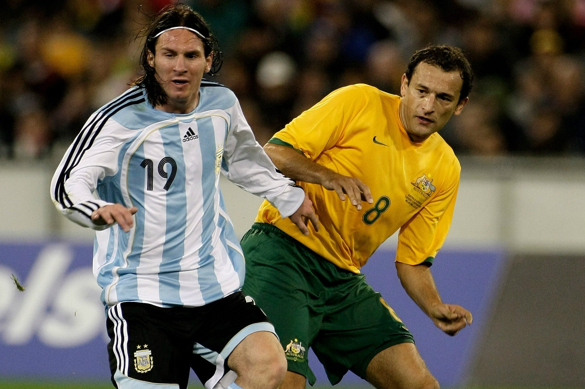 Josip Skoko up against Argentina superstar Lionel Messi. Josip Skoko up against Argentina superstar Lionel Messi.