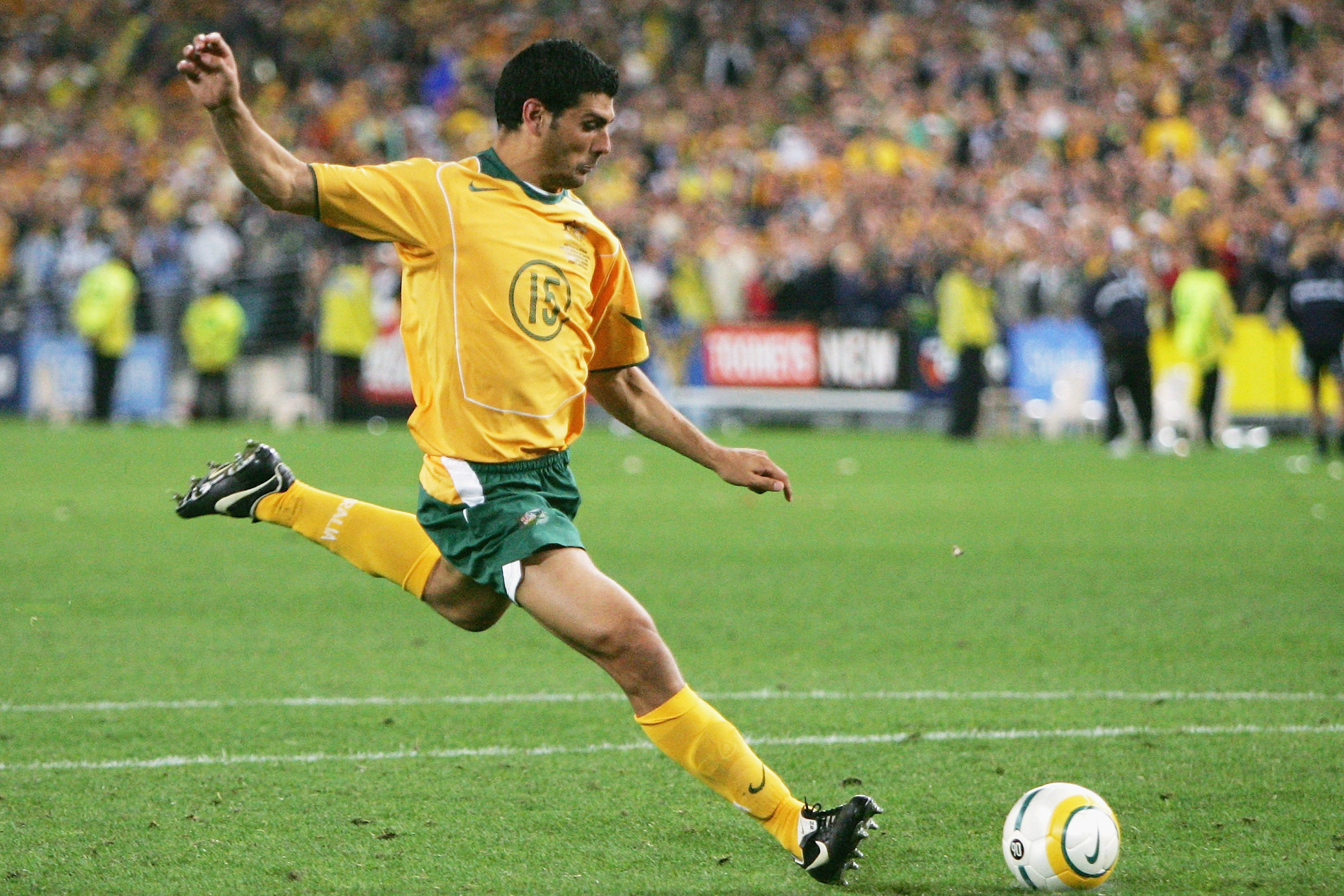 John Aloisi strikes the winning penalty against Uruguay to send Australia to the 2006 World Cup. John Aloisi strikes the winning penalty against Uruguay to send Australia to the 2006 World Cup.