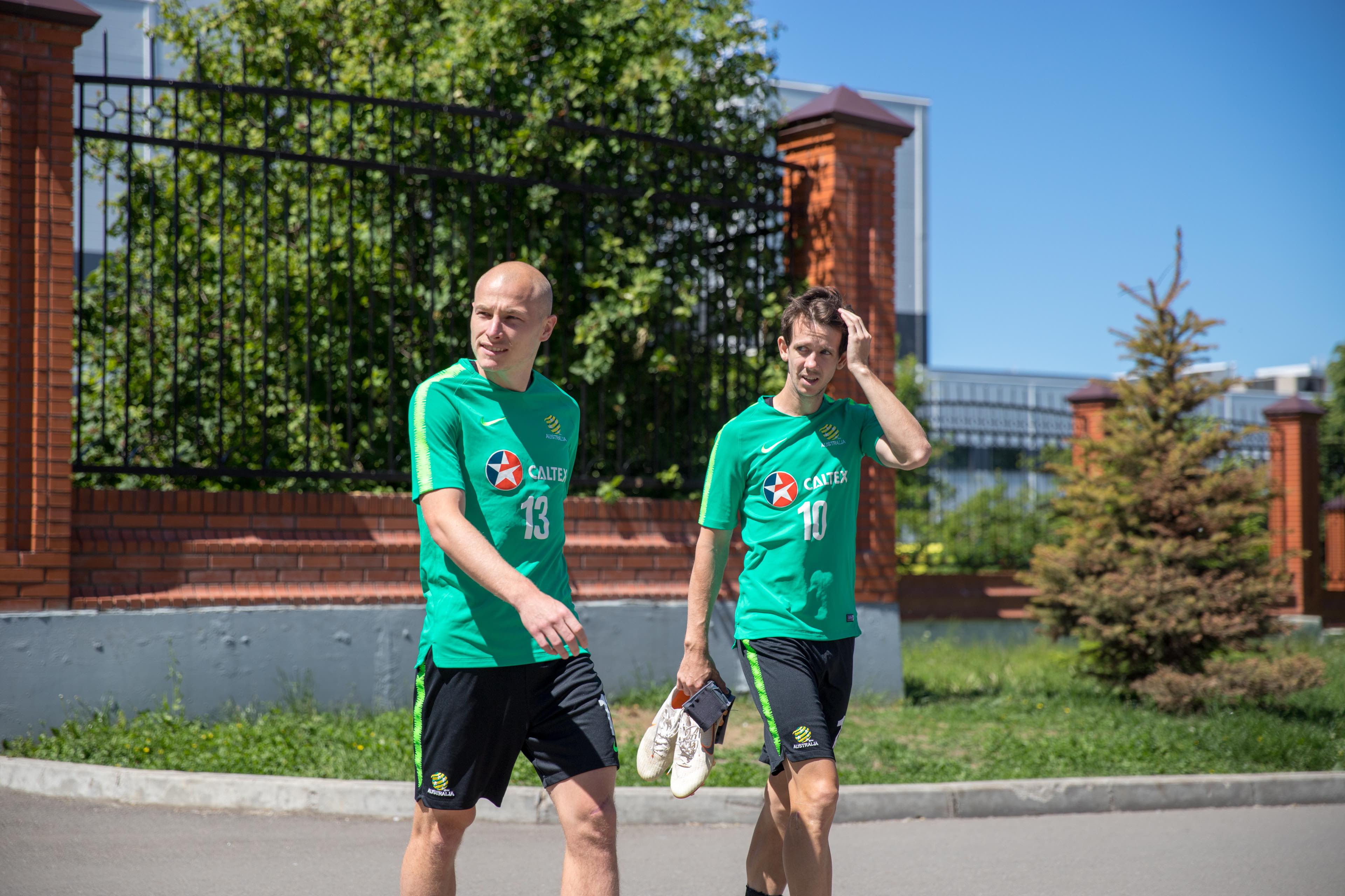 Aaron Mooy and Robbie Kruse walk to training in Kazan Aaron Mooy and Robbie Kruse walk to training in Kazan