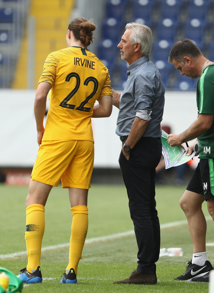 Bert van Marwijk talks to Jackson Irvine Bert van Marwijk talks to Jackson Irvine