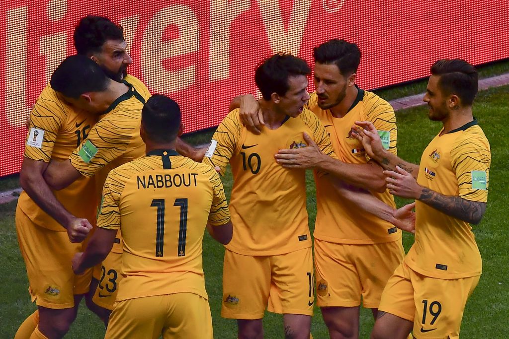 Socceroos celebrate Mile Jedinak's goal vs France Socceroos celebrate Mile Jedinak's goal vs France