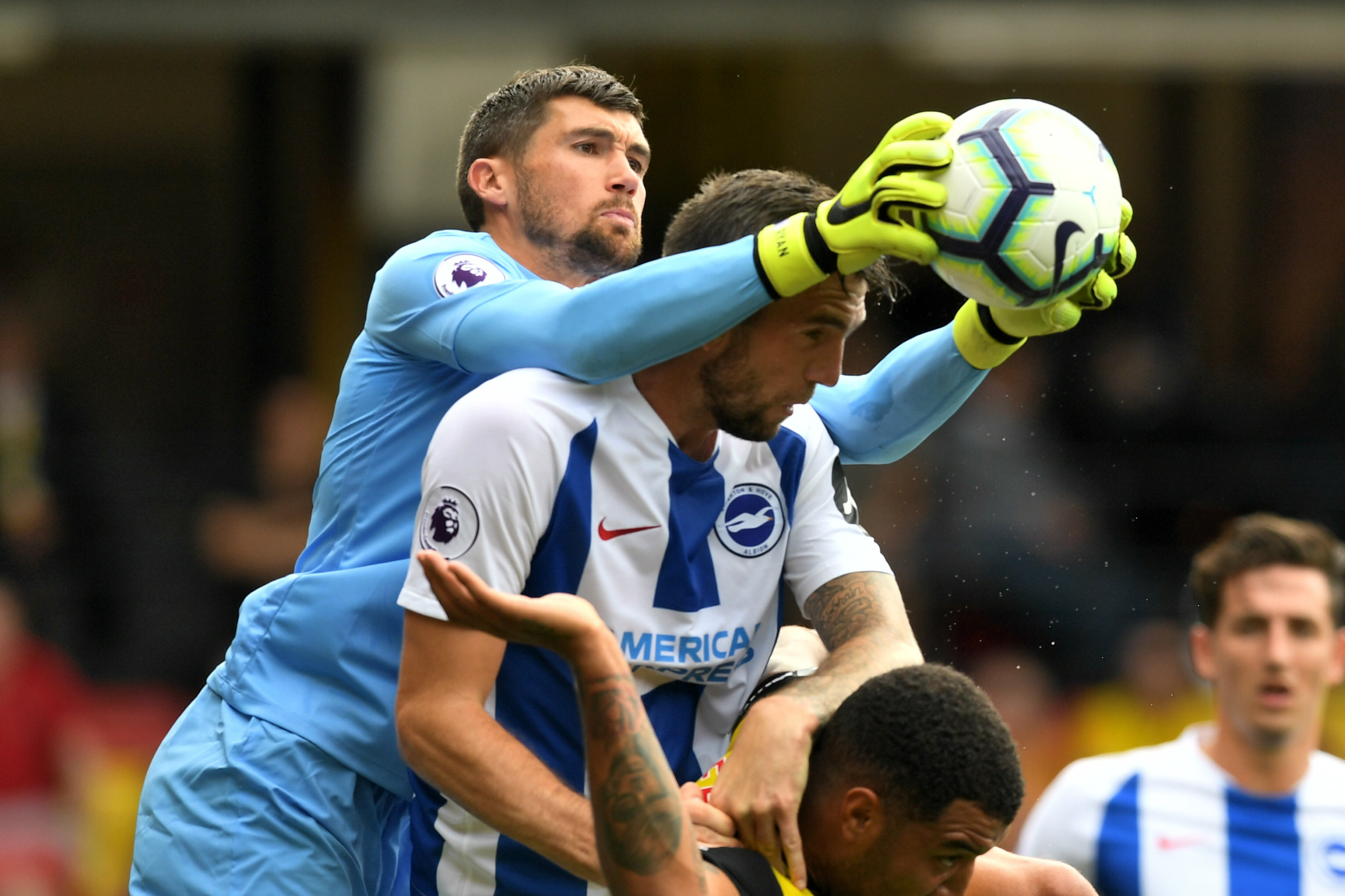 Mat Ryan makes a save against Watford. Mat Ryan makes a save against Watford.