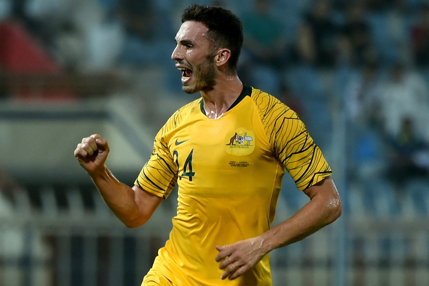 Apostolos Giannou celebrates his first goal for the Caltex Socceroos. Apostolos Giannou celebrates his first goal for the Caltex Socceroos.