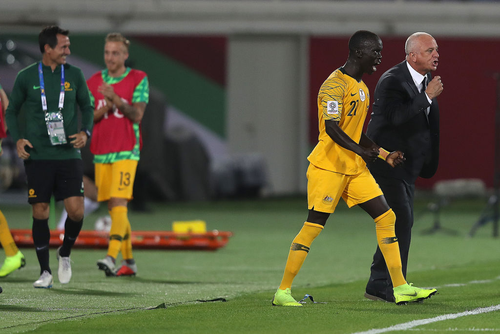 Awer Mabil and Graham Arnold celebrate Mabil goal v Syria, Asian Cup 2019 Awer Mabil and Graham Arnold celebrate Mabil goal v Syria, Asian Cup 2019