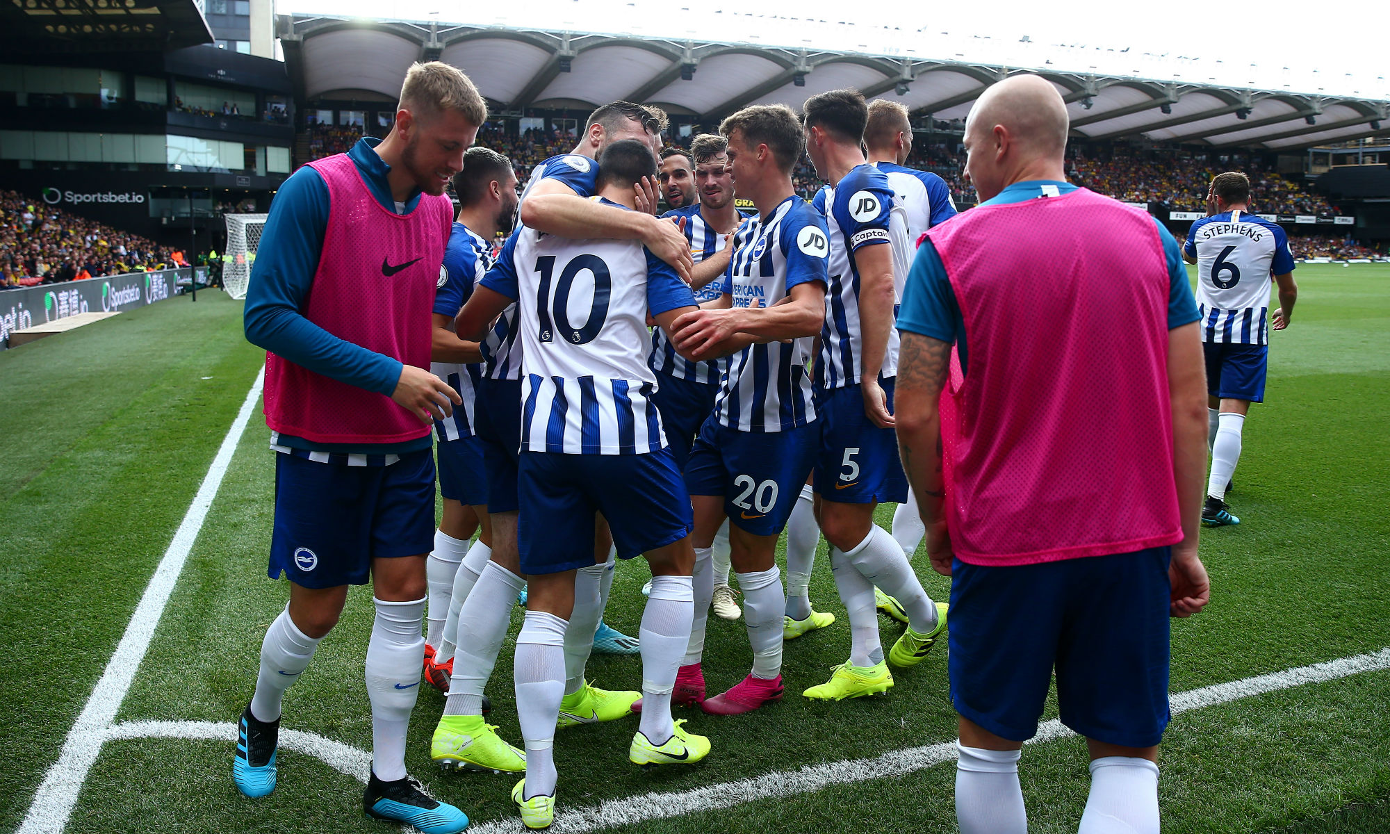Aaron Mooy celebrates Brighton's third goal in the 3-0 victory against Watford. Aaron Mooy celebrates Brighton's third goal in the 3-0 victory against Watford.