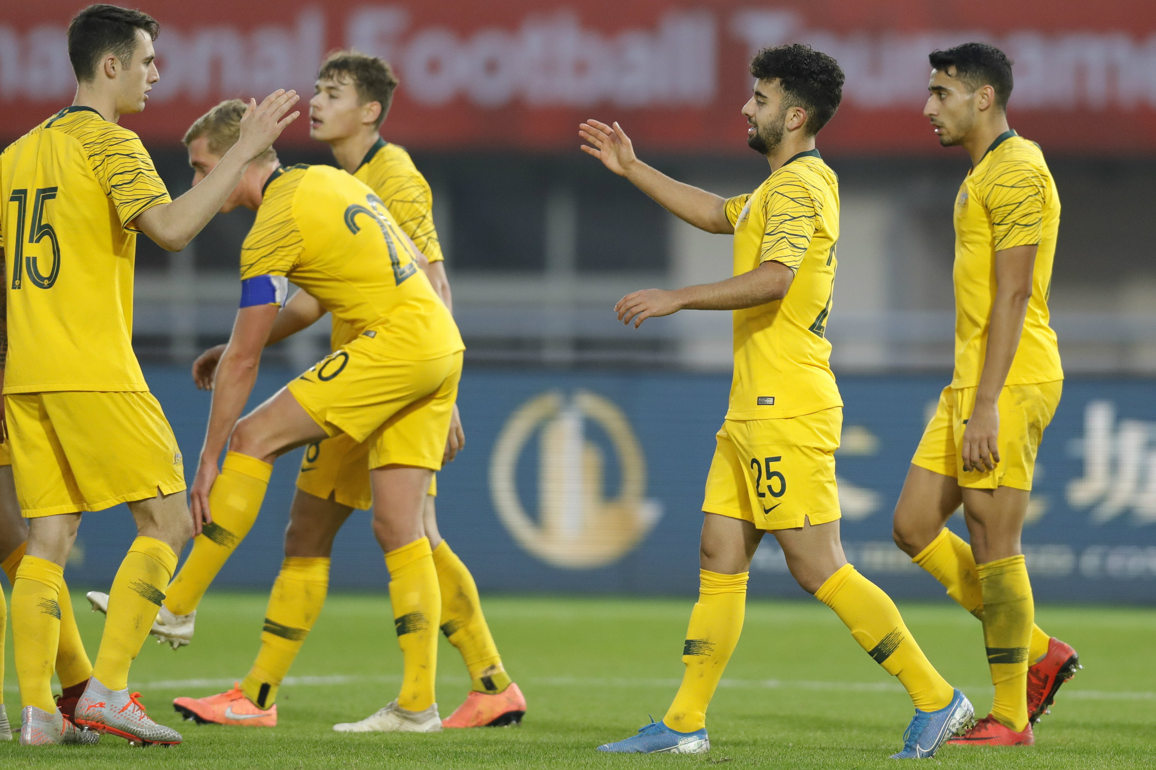 The Australians celebrate Ramy Najjarine's goal against Lithuania The Australians celebrate Ramy Najjarine's goal against Lithuania