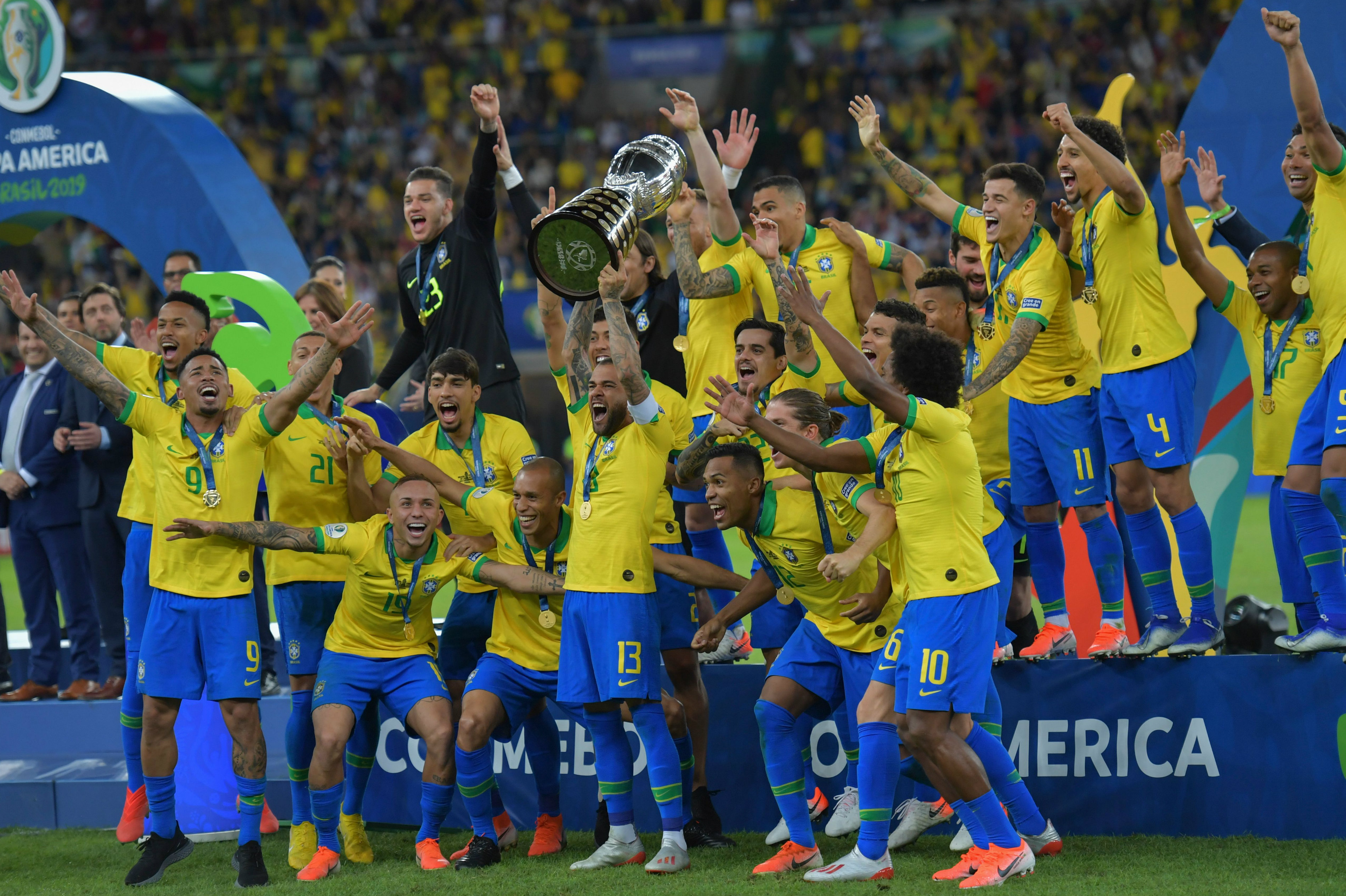 Brazil lift the 2019 Copa America trophy Brazil lift the 2019 Copa America trophy