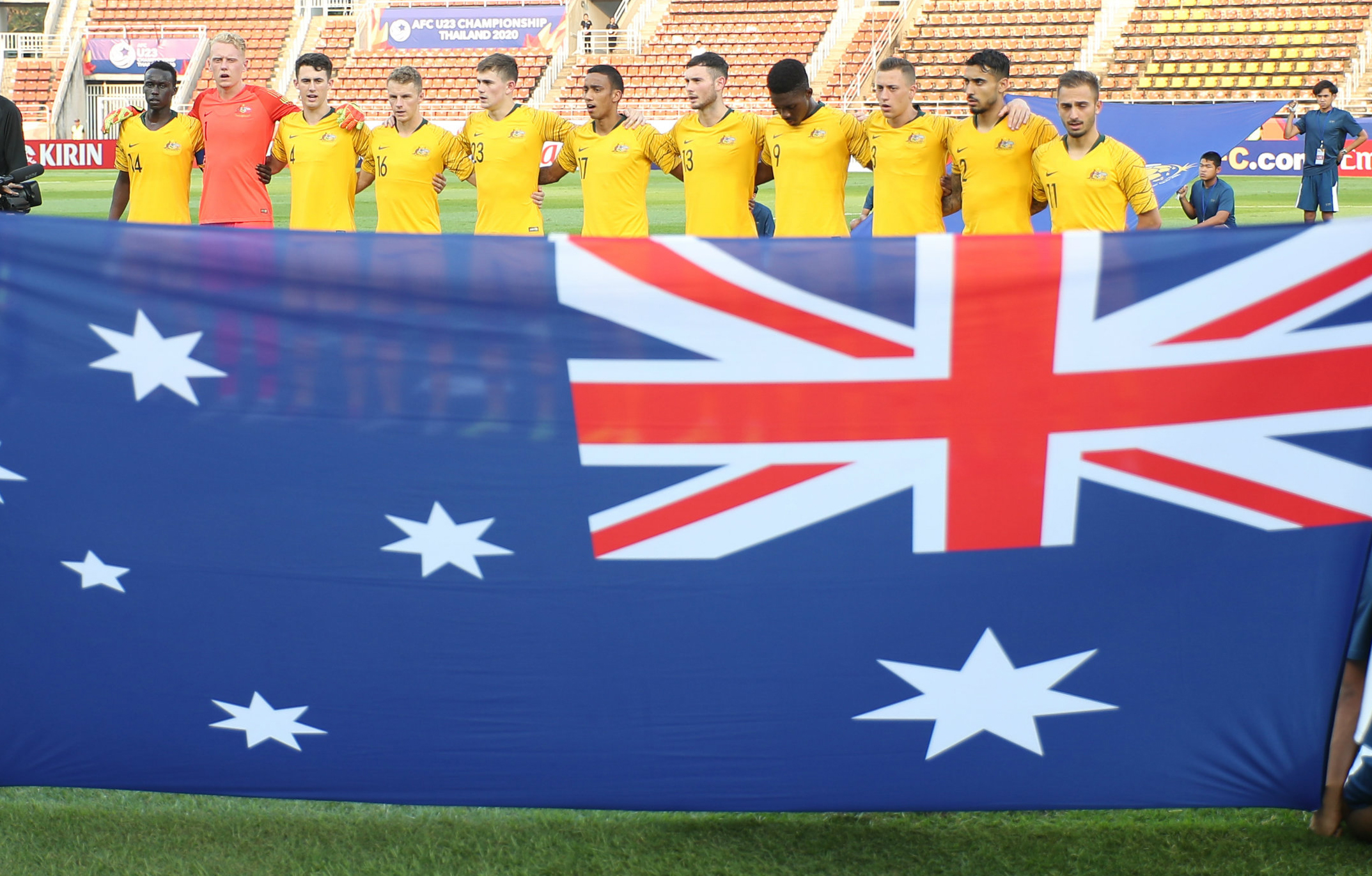 Australia's starting XI sing the anthem ahead of the Iraq clash Australia's starting XI sing the anthem ahead of the Iraq clash