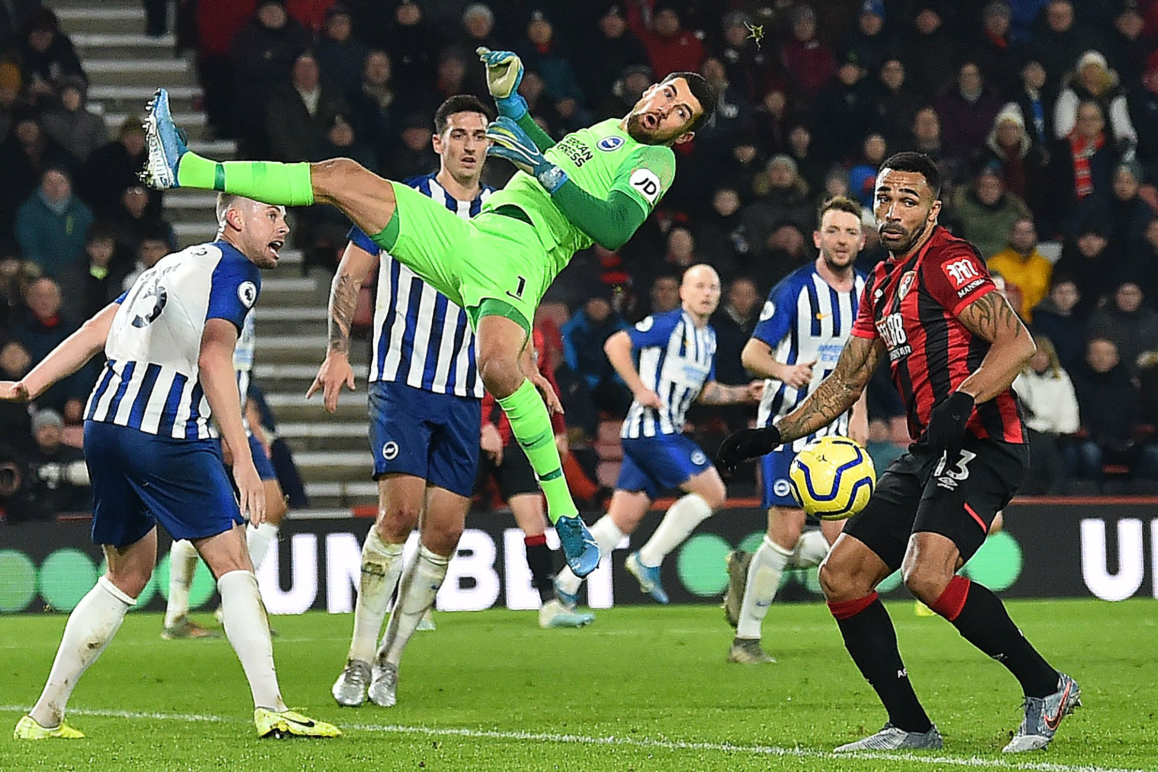 Mat Ryan throws himself at the ball against Bournemouth Mat Ryan throwns himself at the ball against Bournemouth