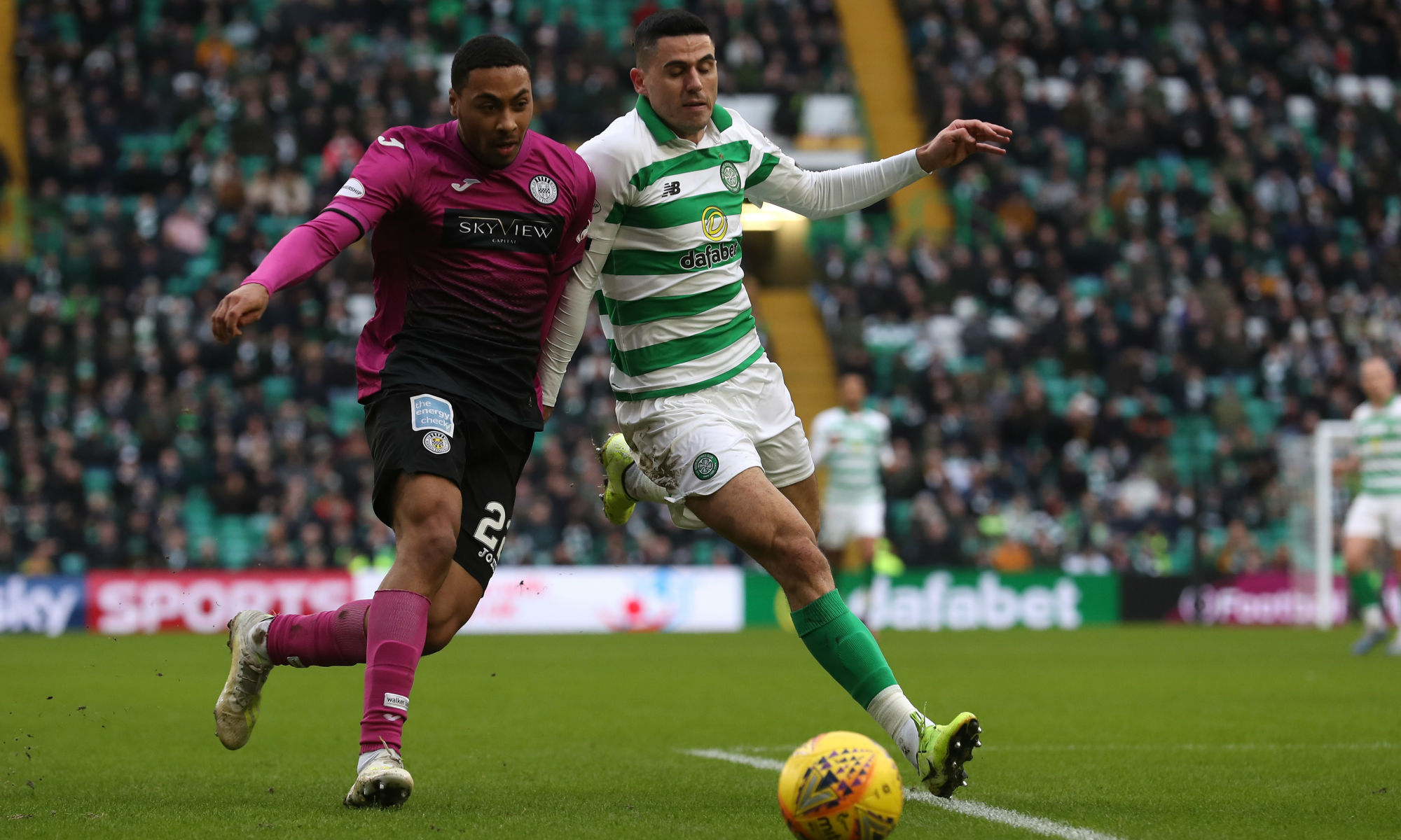 Celtic and Socceroos playmaker Tom Rogic battles for the ball against St Mirren Celtic and Socceroos playmaker Tom Rogic battles for the ball against St Mirren