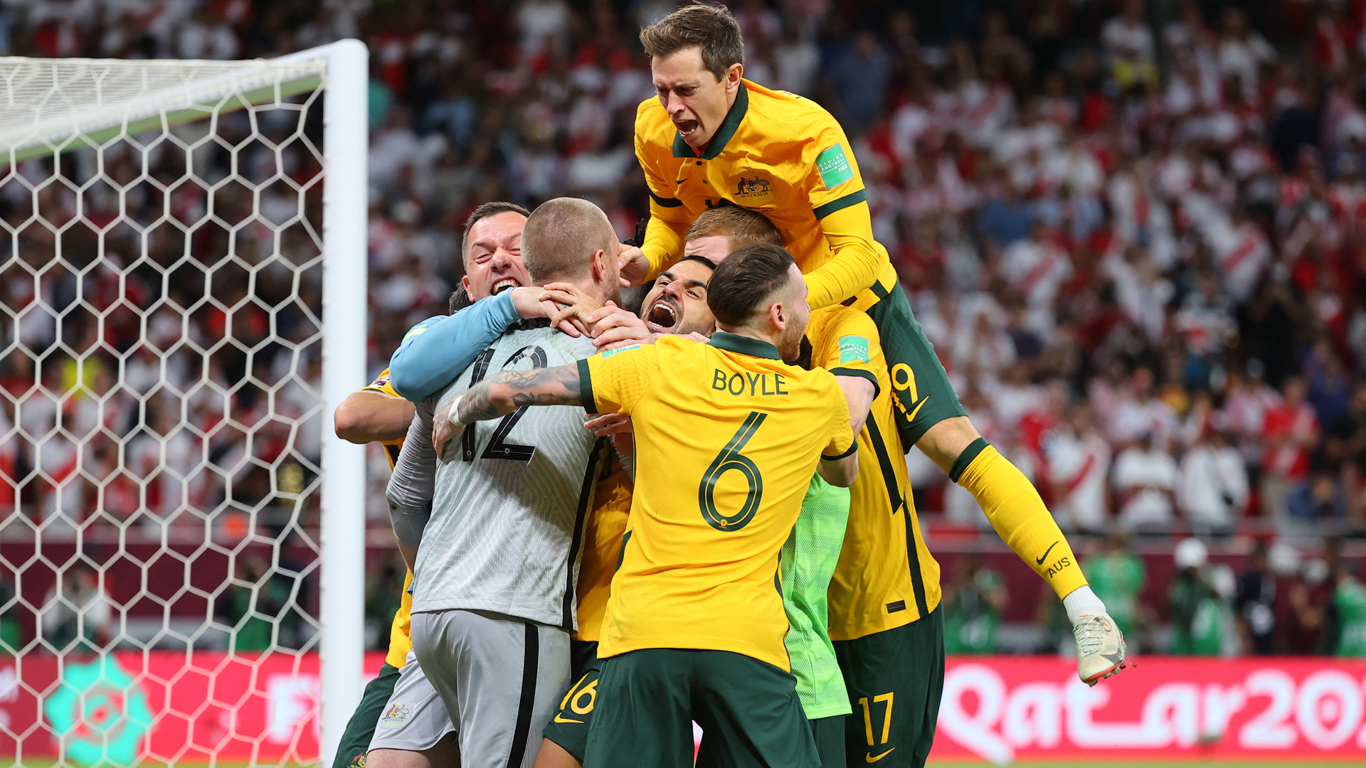 Craig Goodwin team stacks World Cup playoff vs Peru Craig Goodwin celebrates with his teammates after qualifying for the World Cup