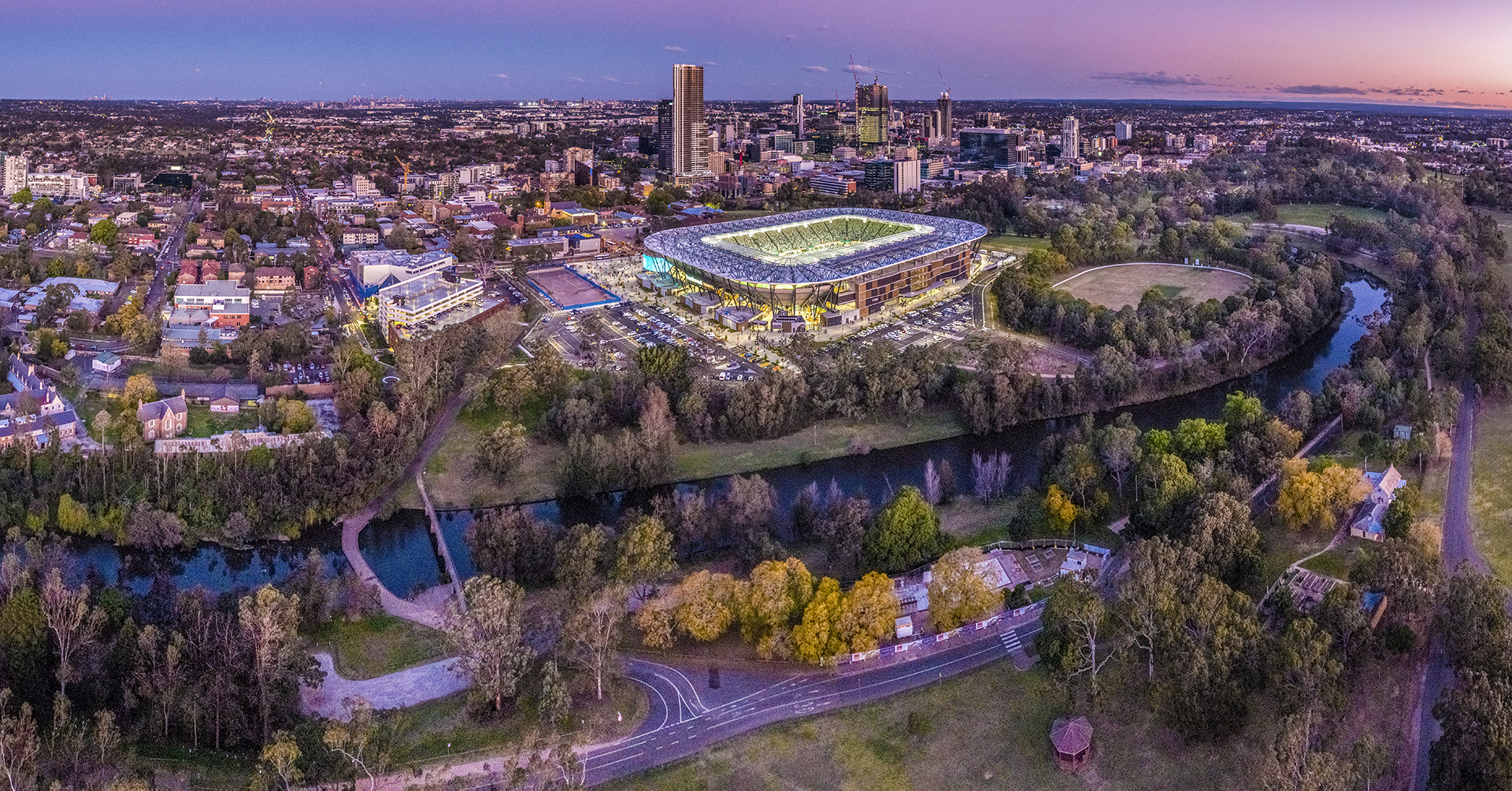 Aerial overlooking the Commbank Stadium, Parramatta in Western Sydney.