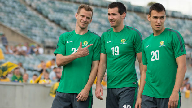 Socceroos defenders Alex Wilkinson, Ryan McGowan and Trent Sainsbury. Socceroos defenders Alex Wilkinson, Ryan McGowan and Trent Sainsbury.