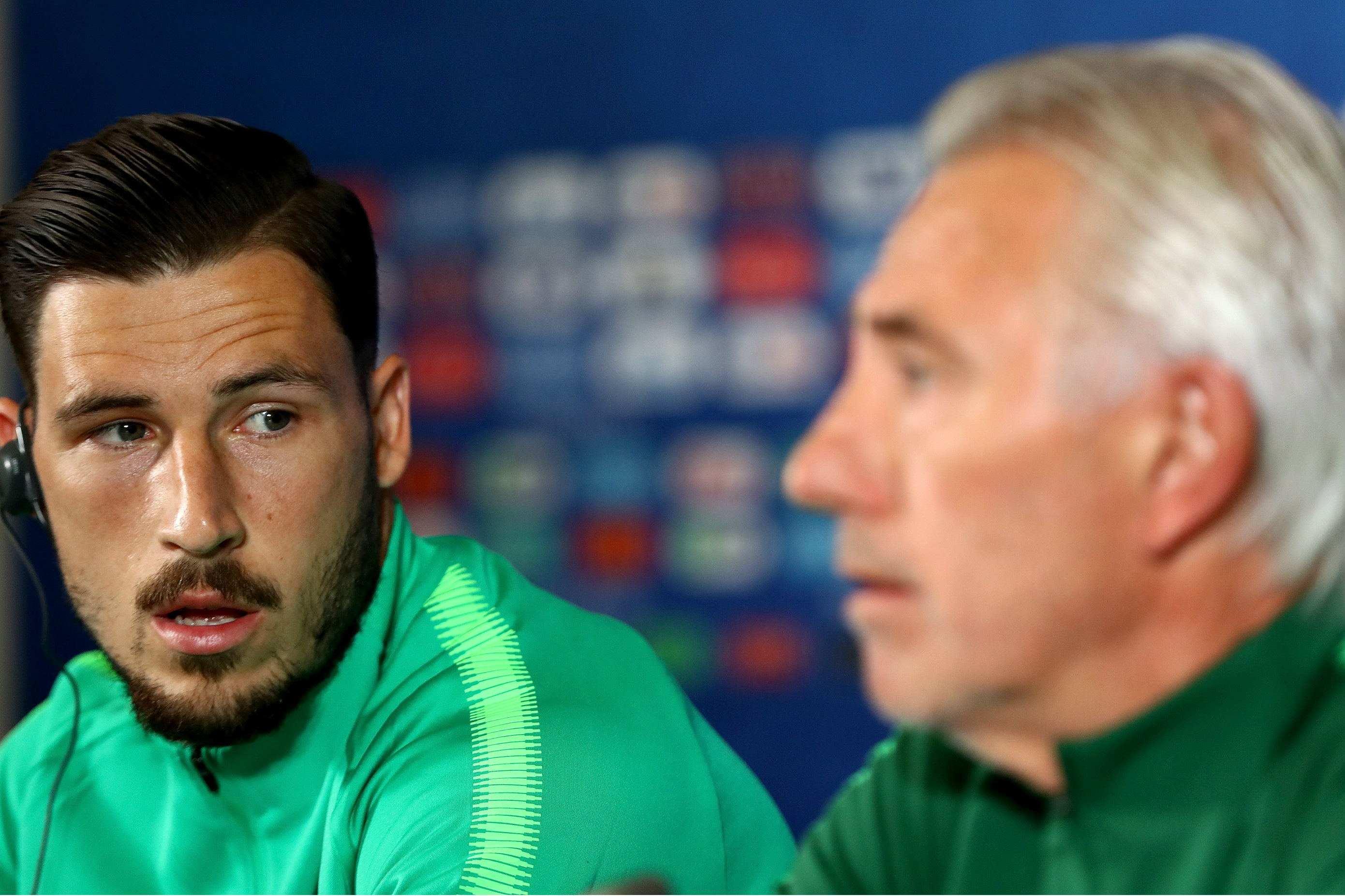 Mat Leckie and Bert van Marwijk at the pre-match Press Conference.