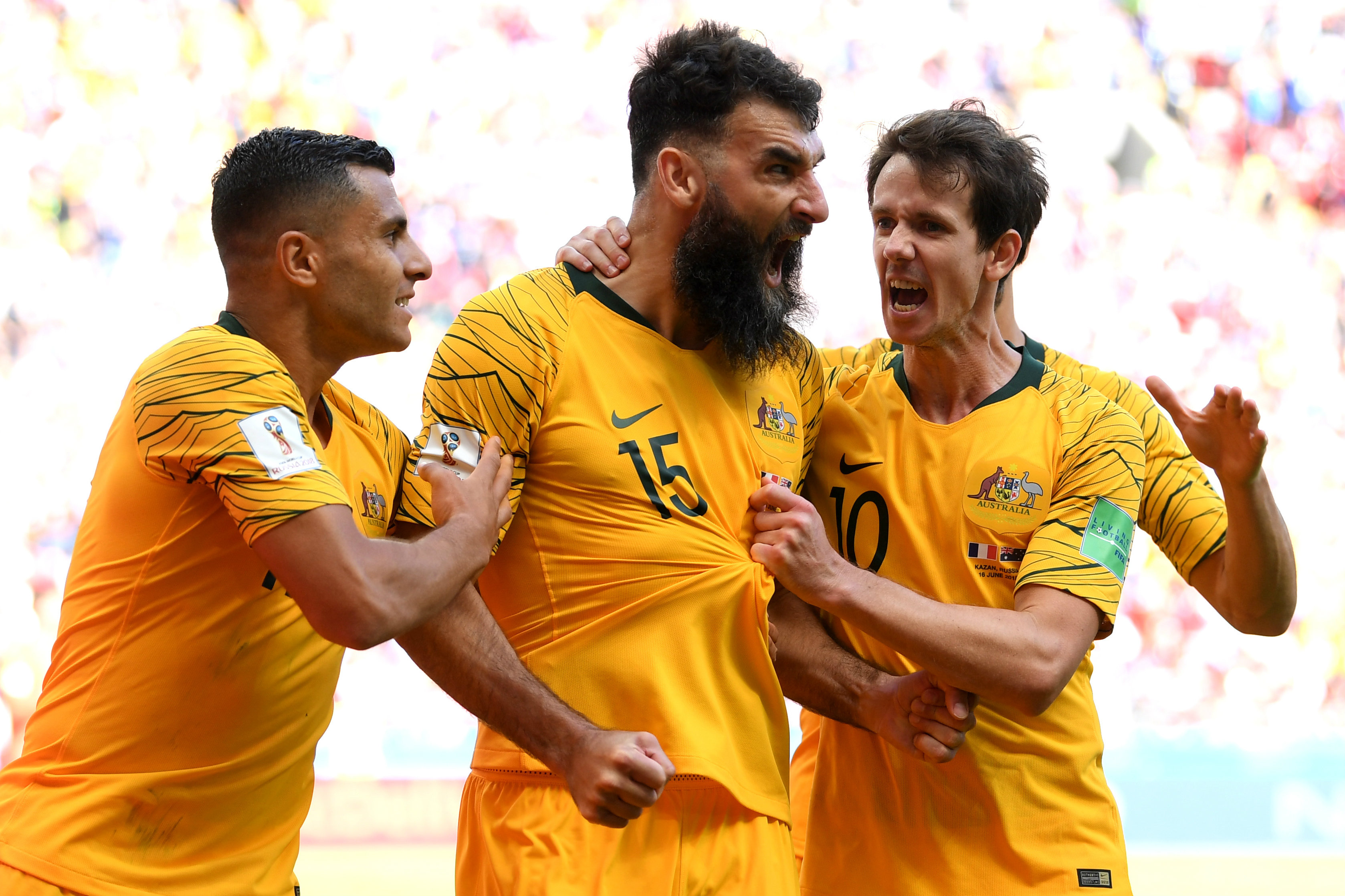 Caltex Socceroos teammates get around Jedinak after his penalty against France.