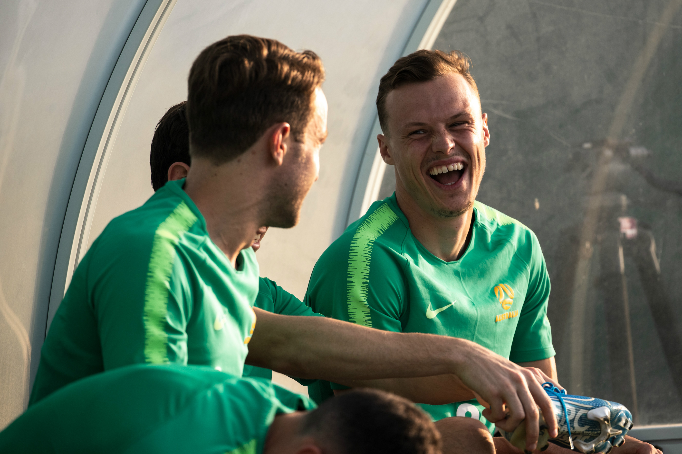 Brad Smith shares a joke with Adam Taggart after training in Dubai
