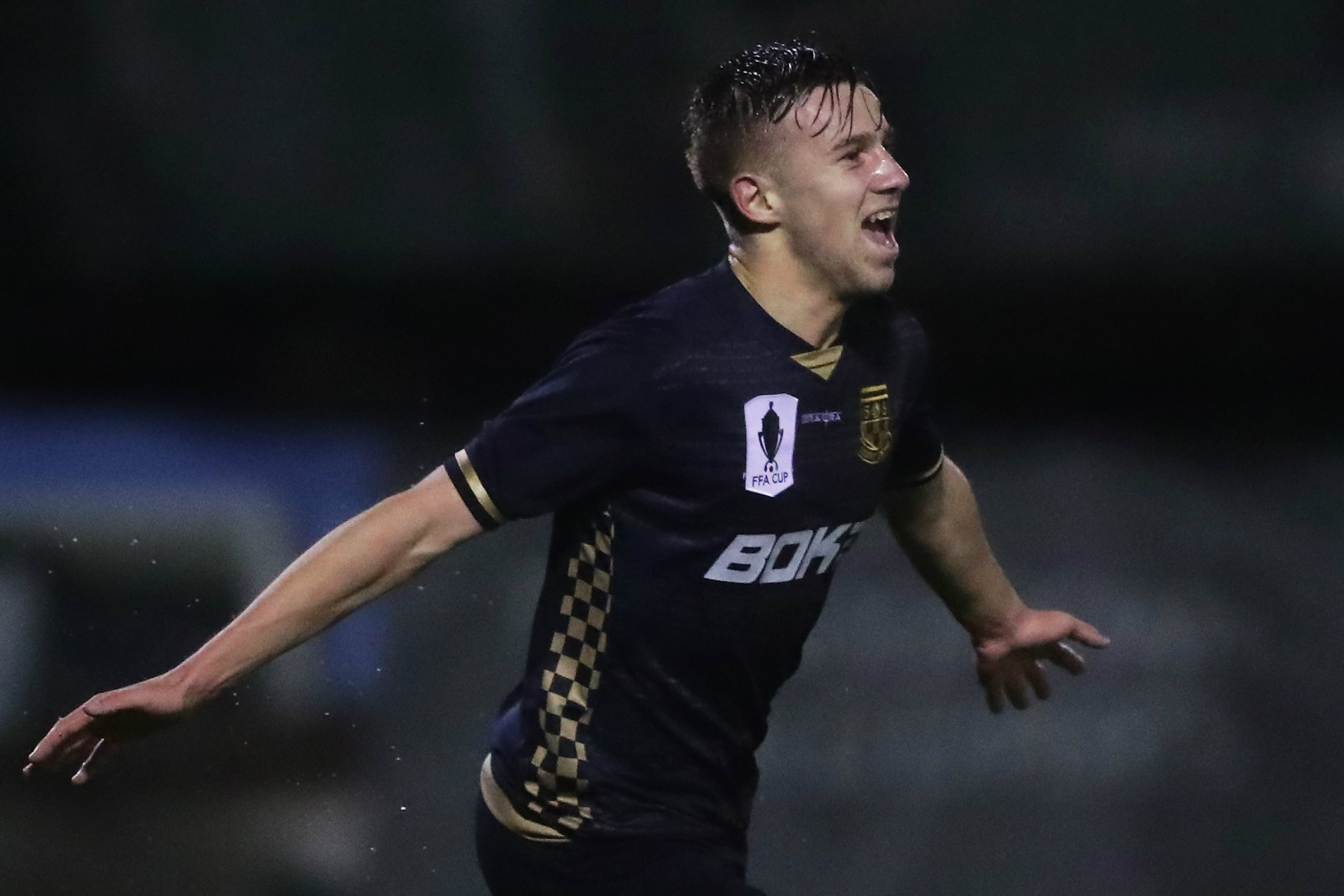 Michael Ruhs celebrates his goal for Sydney United in the FFA Cup