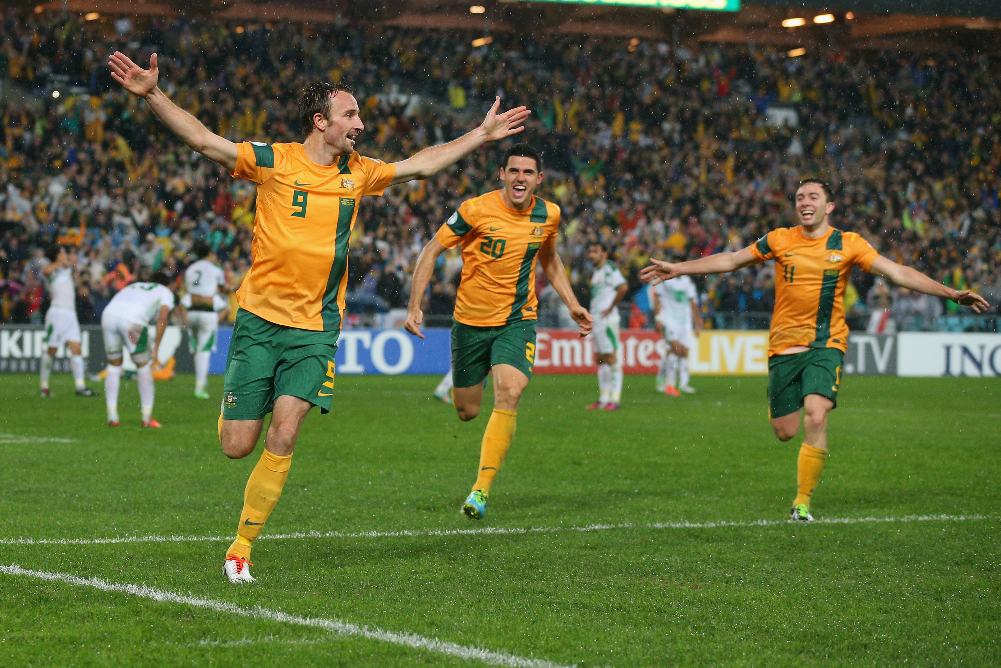 June 2013: Josh Kennedy scores a late header to seal Australia’s spot at the 2014 FIFA World Cup in Brazil with a 1-0 win over Iraq.