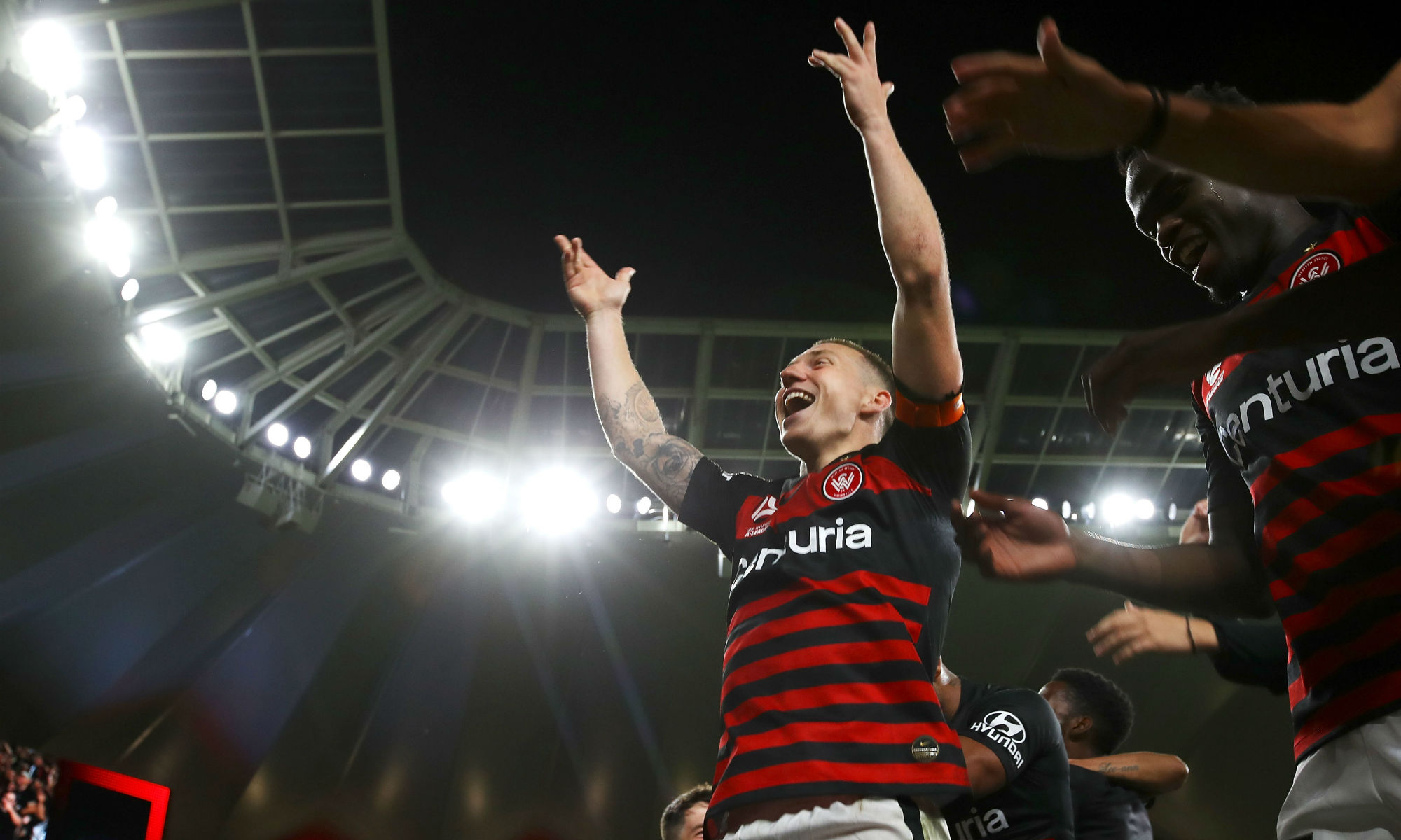 Mitchell Duke leads the dancing at the final whistle at Bankwest Stadium as Western Sydney pull off the upset win.