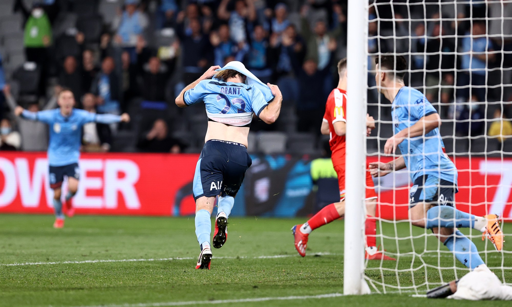 Grant reacts to scoring the goal that earned Sydney FC their third Championship in four years.