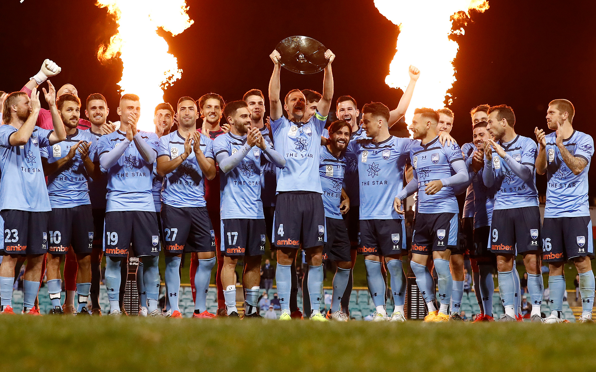 Rhyan Grant and Andrew Redmayne lift Hyundai A-League Premiers' Plate after Sydney FC defeat
