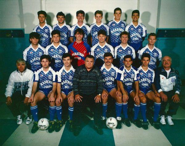 Coached by the legendary Ferenc Puskás, Paul Wade (middle row, second from the right) played over 200 matches with South Melbourne in the National Soccer League. Source: Neos Kosmos.