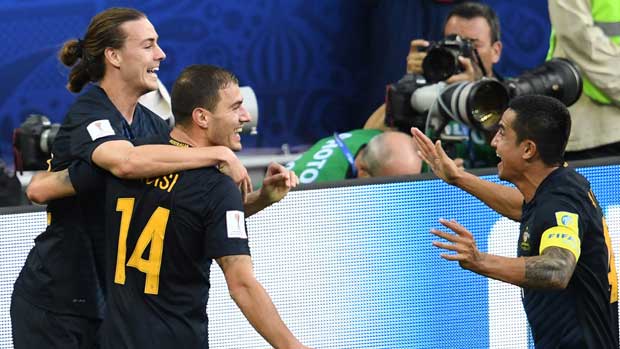 The Caltex Socceroos celebrate taking a first-half lead in their FIFA Confederations Cup clash against Chile.