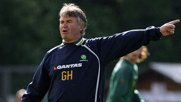 Former Socceroos boss Guus Hiddink takes charge of a training session ahead of the 2006 World Cup.